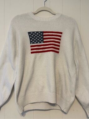 Hollister White Crewneck Sweater with Flag Graphic